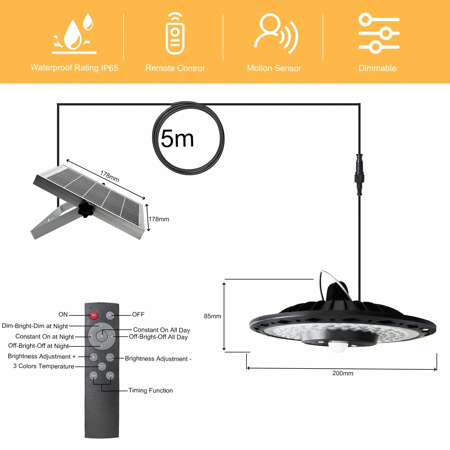 CREATESTAR Lampe Suspendue Solaire Extérieur 3000LM avec Télécommande Détecteur de Mouvement IP65 étanche