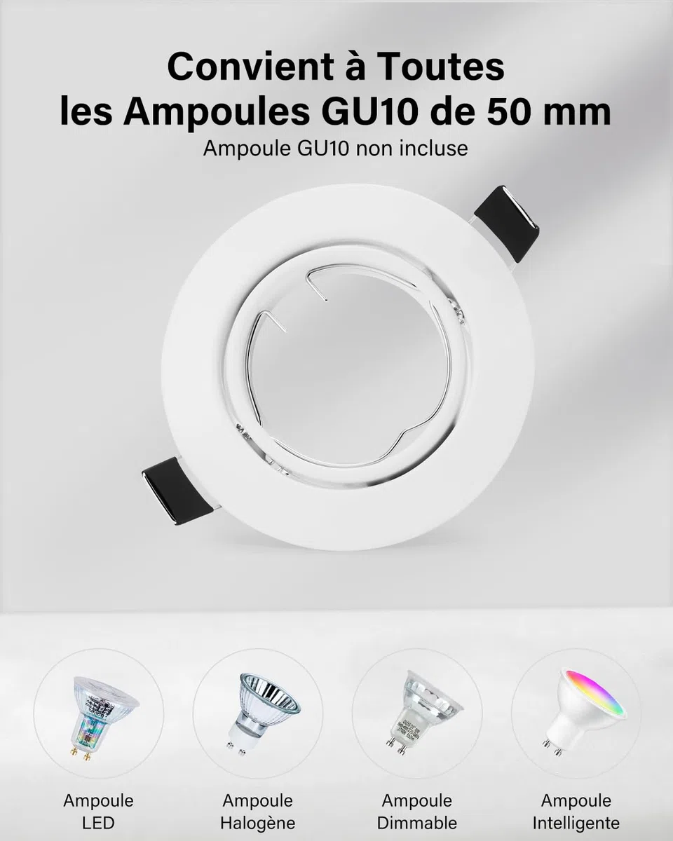 Leselux Spot Encastrable GU10 Set 10 Pièces Cadre Blanc Orientable 60° Trou Montage Ø68-80mm 230V
