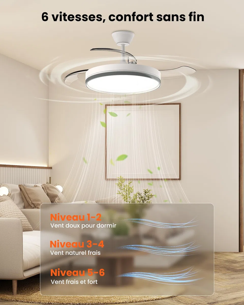 Airwit 106cm Rétractable Silencieux Ventilateur Plafond avec Lumière, 6 Vitesses, Télécommande, 3 Températures de Couleur