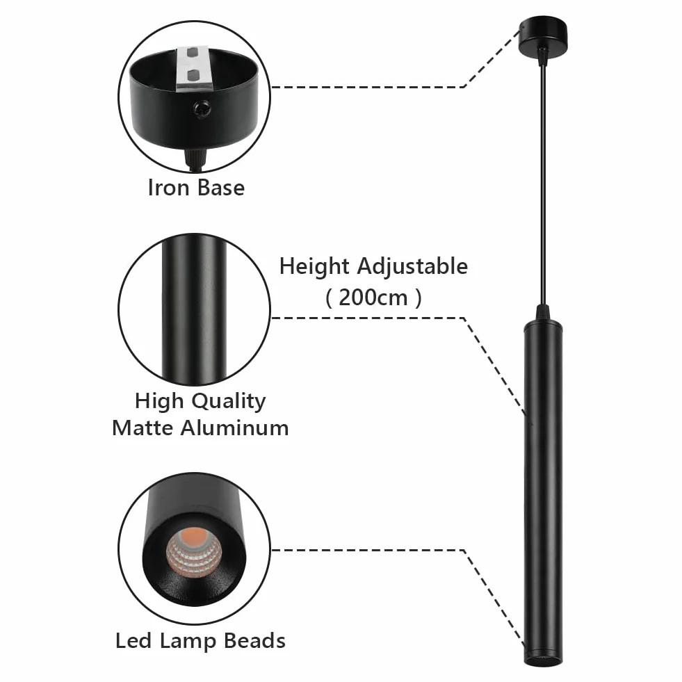 HOTUT Lustre Cylindrique Noir, 3 Pieces Lustre LED, Blanc Chaud, 3000K, pour Salon, Table de Salle à Manger, Comptoir de Hôtel, 30 cm, Longueur Réglable, Lustre Moderne