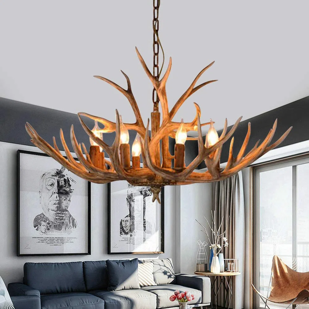 Lustre en bois de cerf en résine - Plafonnier décoratif - Lampe suspendue - Chandelier - Décoration intérieure rustique - Éclairage en bois de cerf - Corne de cerf - 6 têtes - 220V