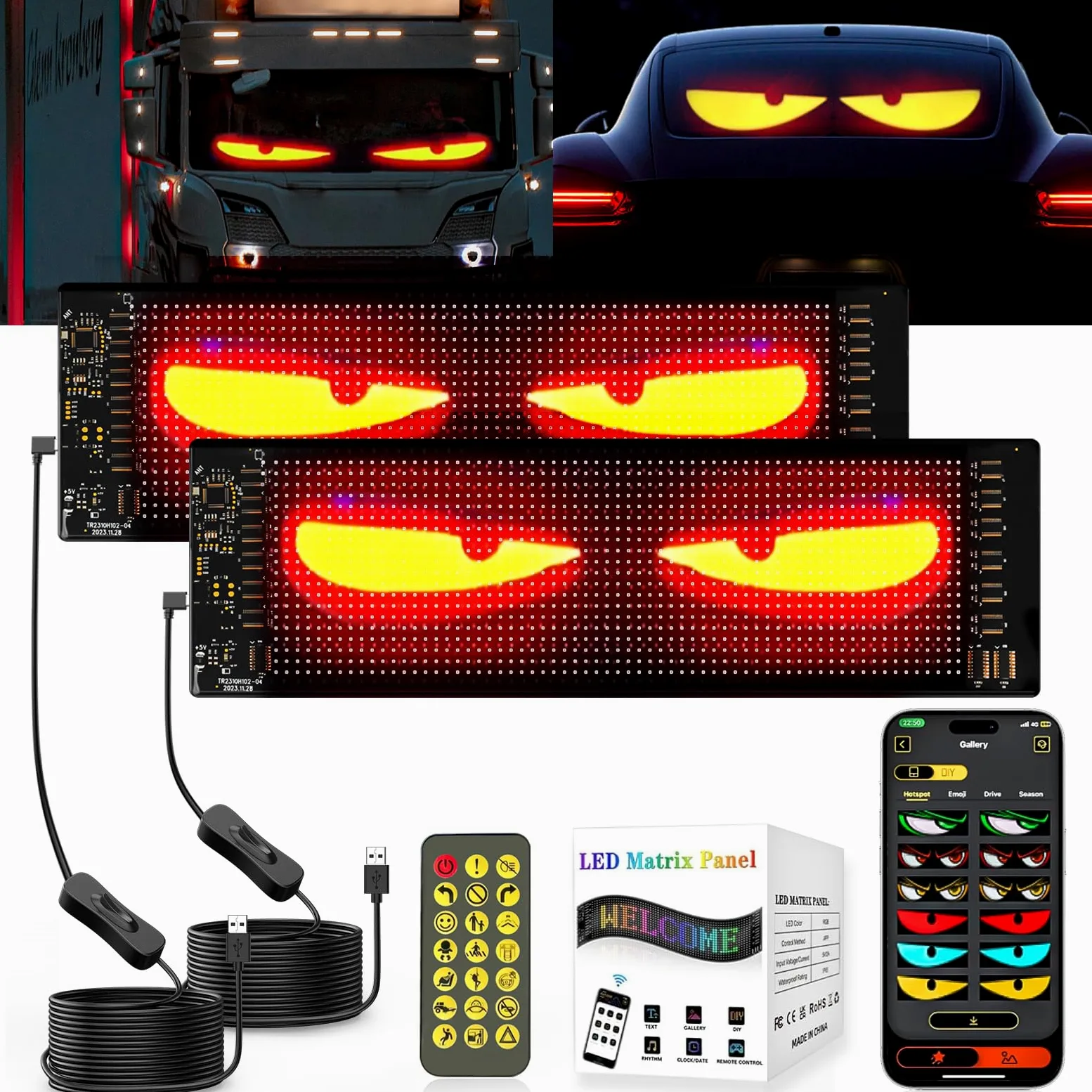 Yeux LED pour Camion, Lumières Devil Eyes pour Voiture, Écran LED Flexible Programmable 10.2x34.8cm 2pièces