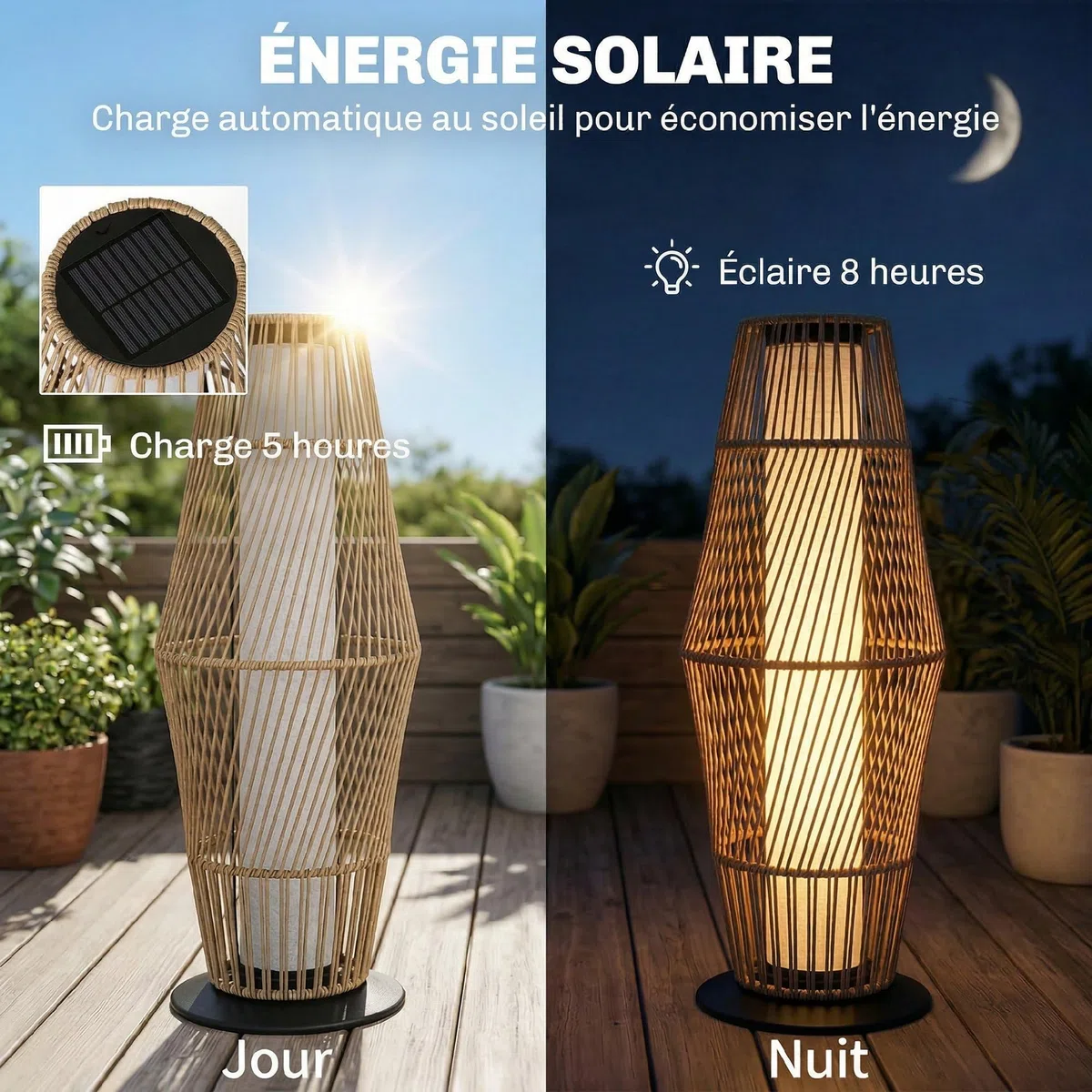 Outsunny Lanterne Solaire Extérieure en Résine Tressée avec Capteur de Lumière, Lampadaire LED Extérieur, 26x26x68cm, Sable