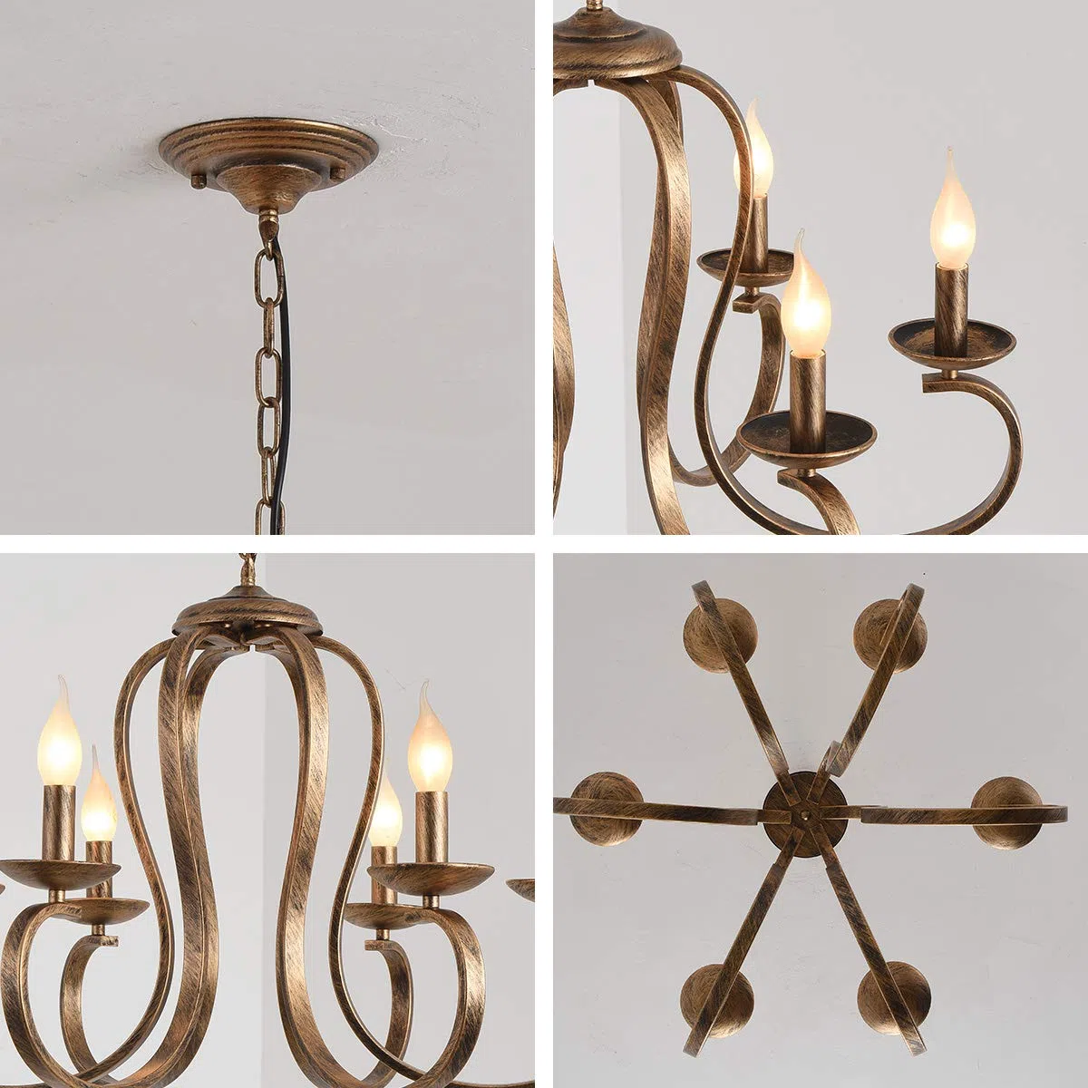 Ganeed Lustres Rétro Fer Pendentif Lustre Bougie Rustique Suspension Lampe Ferme Plafond Suspension Luminaire Antique Laiton Brossé Cuisine Îlot Éclairage Bronze 6 Lumières