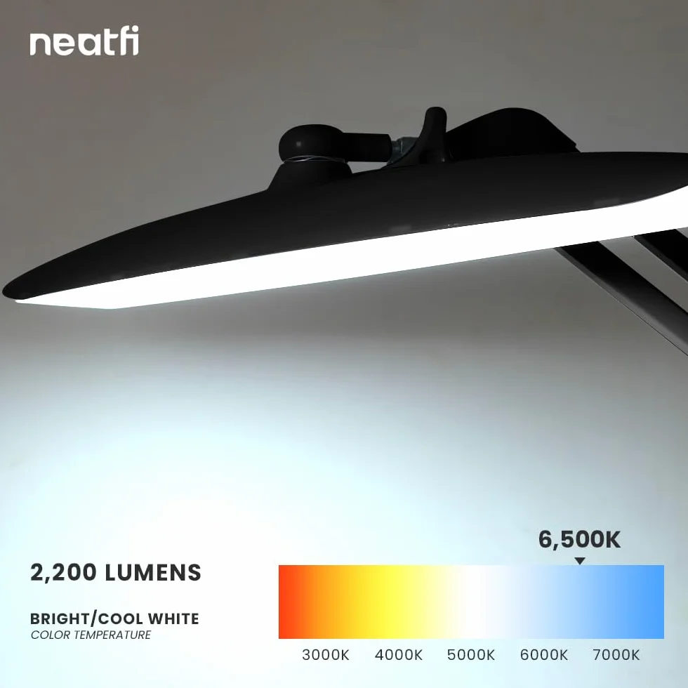 Neatfi XL Lampe de Bureau LED 24W 2200 Lumens Sans Ombre Variateur 4 Niveaux Tête Large 51 cm Noir