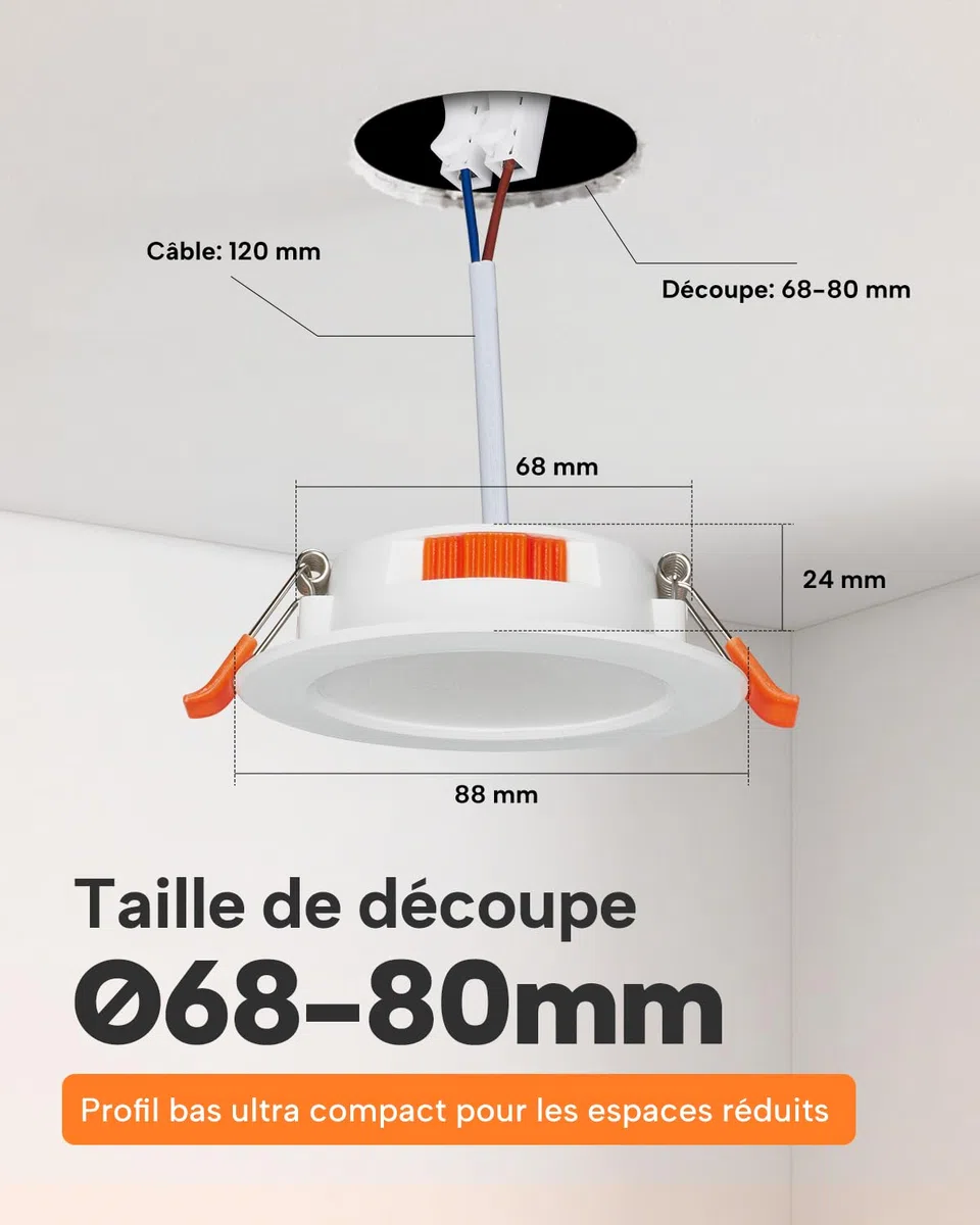 Tomosu Lot de 12 5CCT Spot Led Encastrable 68mm, 5W 550LM Spot Extra Plat IP44 Spots Encastrés Salle de Bain, 220V Spots de Plafond Blanc Chaud Blanc Neutre Blanc Froid, Trou Ø68-80mm, Non Dimmable