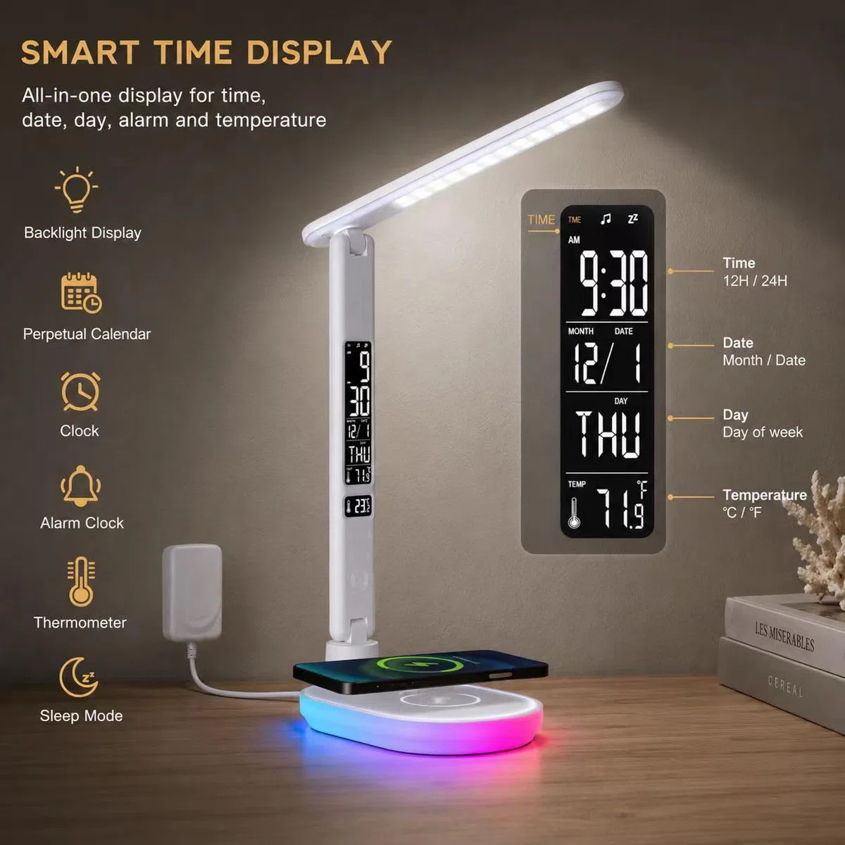 Lampe de Bureau LED 10W Dimmable Tactile avec Chargeur sans Fil, USB, Horloge, Veilleuse Couleur, LCD, Blanc