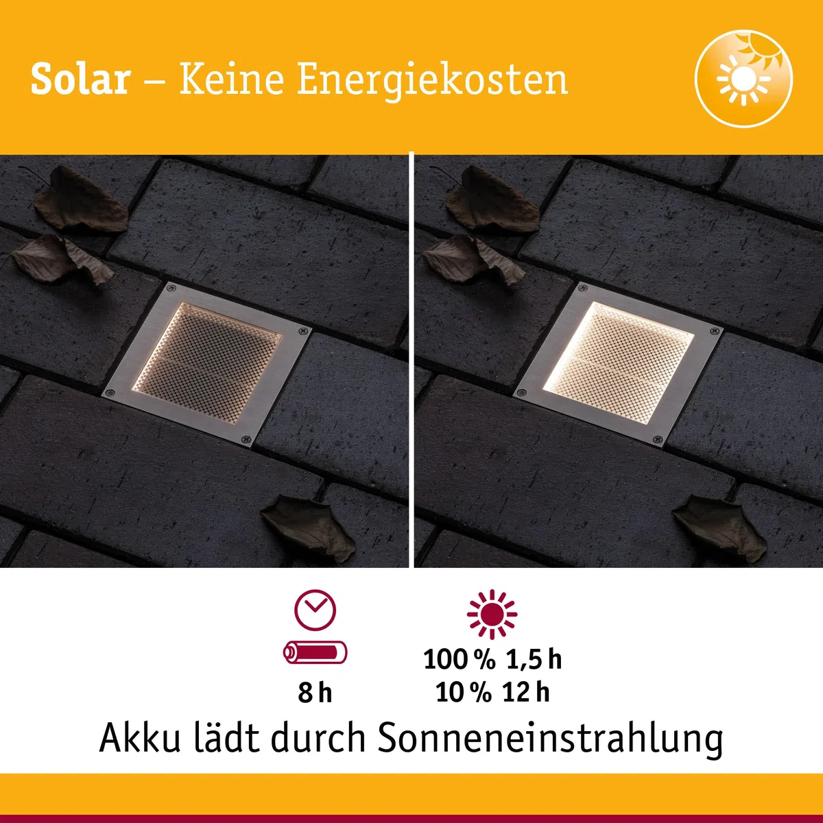 Paulmann 94238 Aron Spot solaire encastrable au sol LED carré avec 1 ampoule 0,7 W en acier inoxydable et plastique Blanc chaud 3000 K