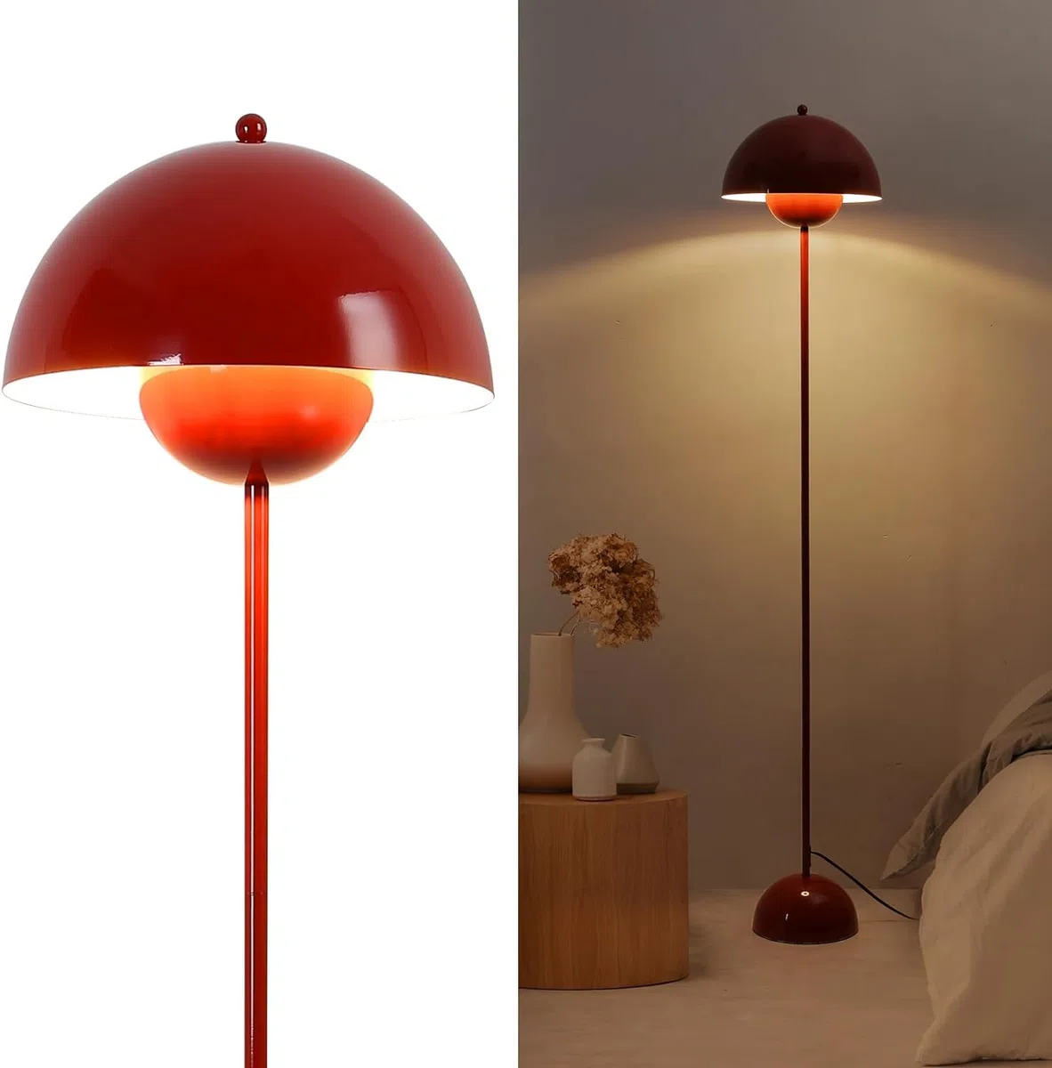 Lampadaire en Acier Style Scandinave Rétro avec Abat-jour Bombé, Douille E27, Interrupteur au Pied, Rouge