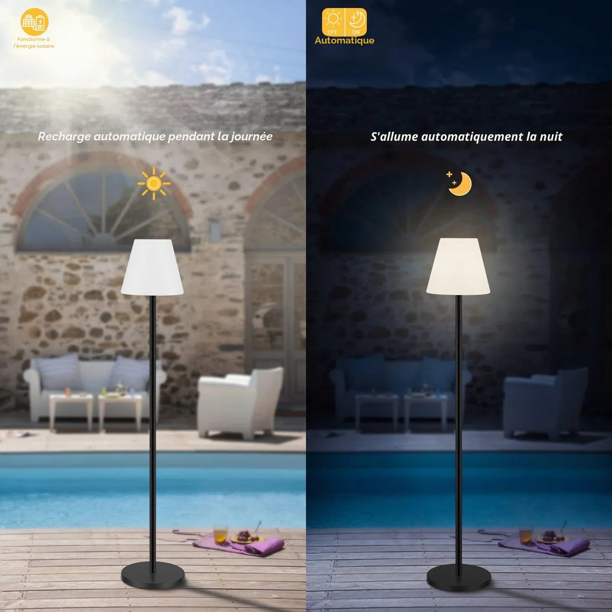 Lampadaire solaire intérieur extérieur étanche sans fil rechargeable capteur lumière LED luminosité variable jardin terrasse