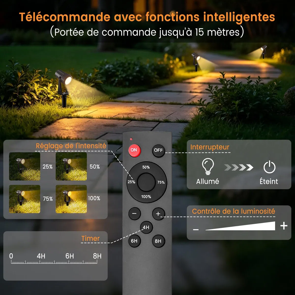 Projecteurs LED Extérieurs IP65 17M 3W*4 3000K Blanc Chaud avec Télécommande et Minuterie
