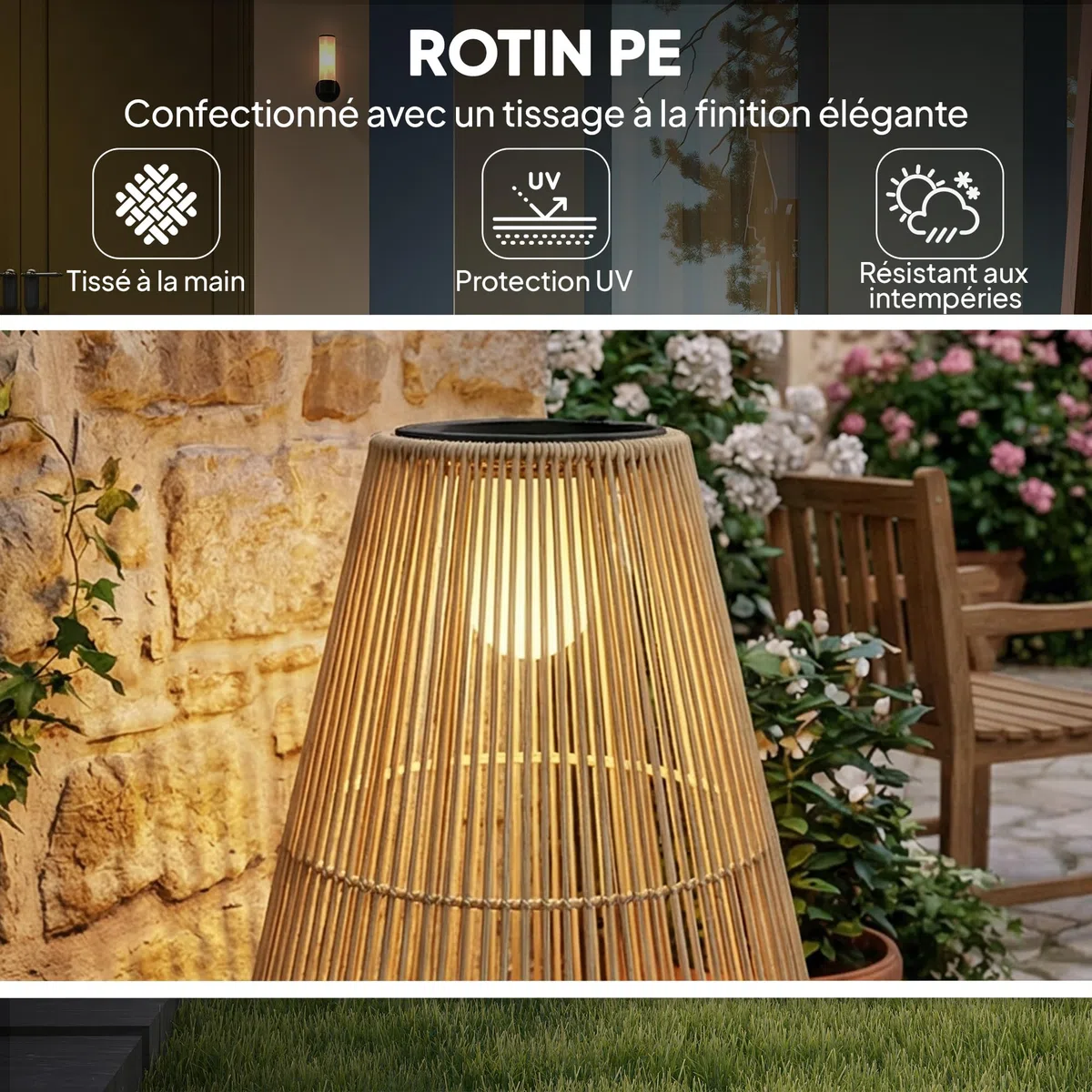 Outsunny Lanterne Solaire Extérieure en résine tressée lampadaire LED rechargeable avec capteur de lumière pour jardin patio terrasse jaune