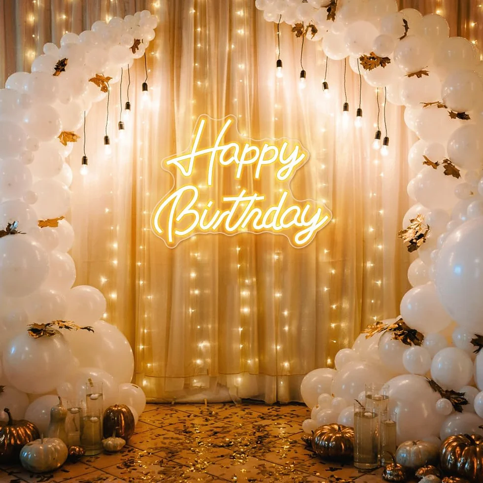 Happy Birthday Neon Sign, Lampe Néon LED Blanc Chaud Décoration de Fête d'Anniversaire, environ 42 x 32 cm