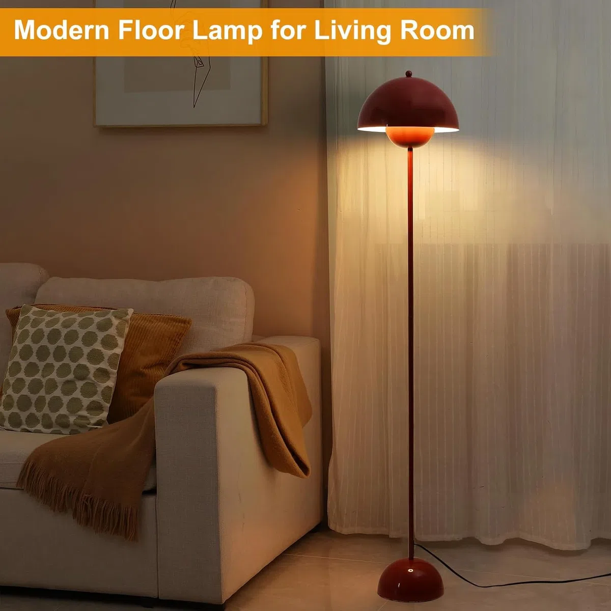 Lampadaire en Acier Style Scandinave Rétro avec Abat-jour Bombé, Douille E27, Interrupteur au Pied, Rouge