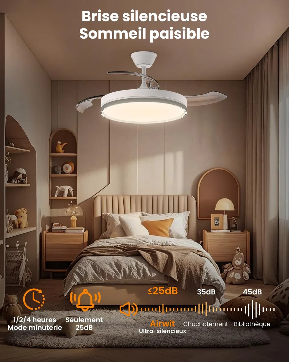 Airwit 106cm Rétractable Silencieux Ventilateur Plafond avec Lumière, 6 Vitesses, Télécommande, 3 Températures de Couleur