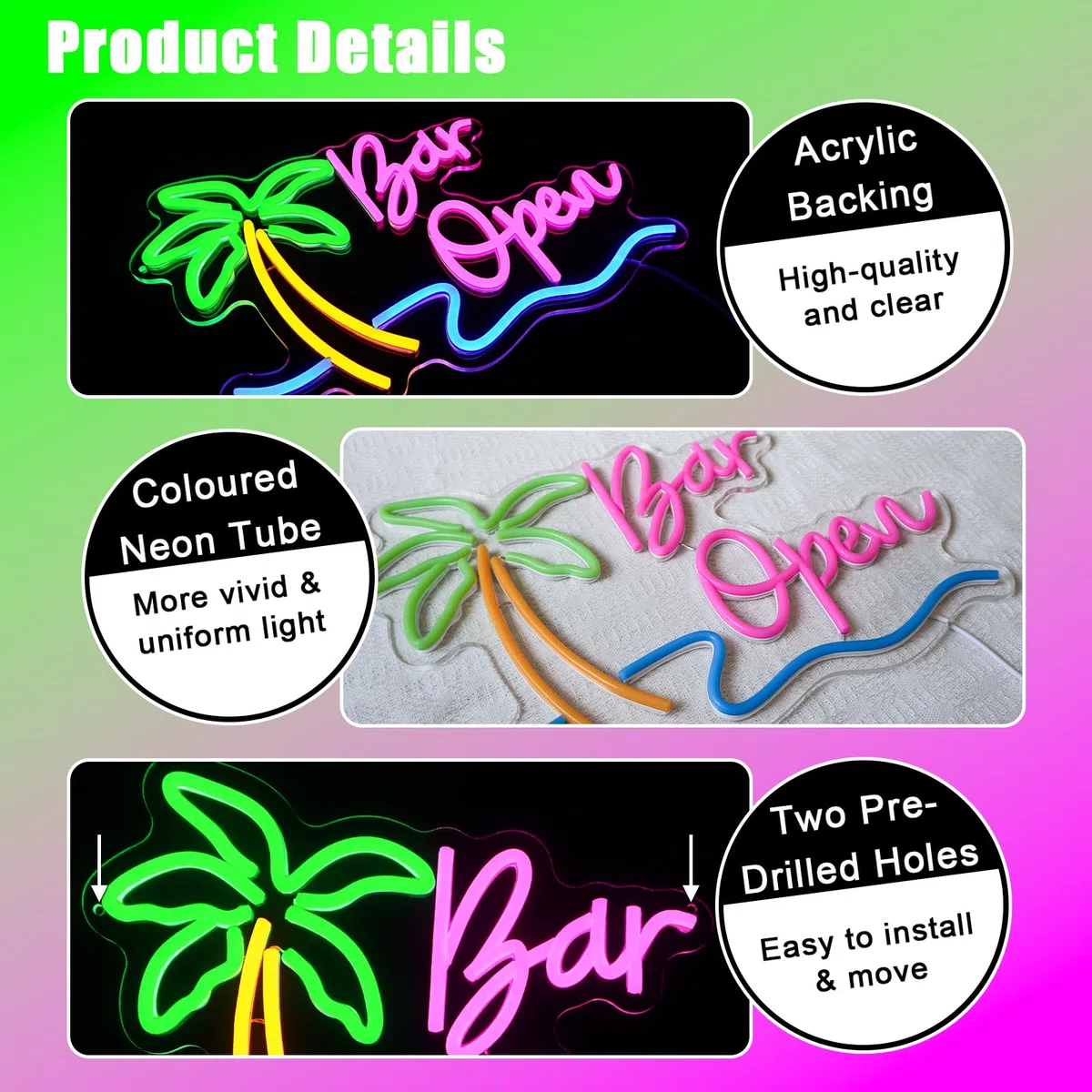 Enseigne Néon Bar Ouvert Panneau Néon Palmier Décoration Murale Lampe Néon USB LED Open Bar Bière Club