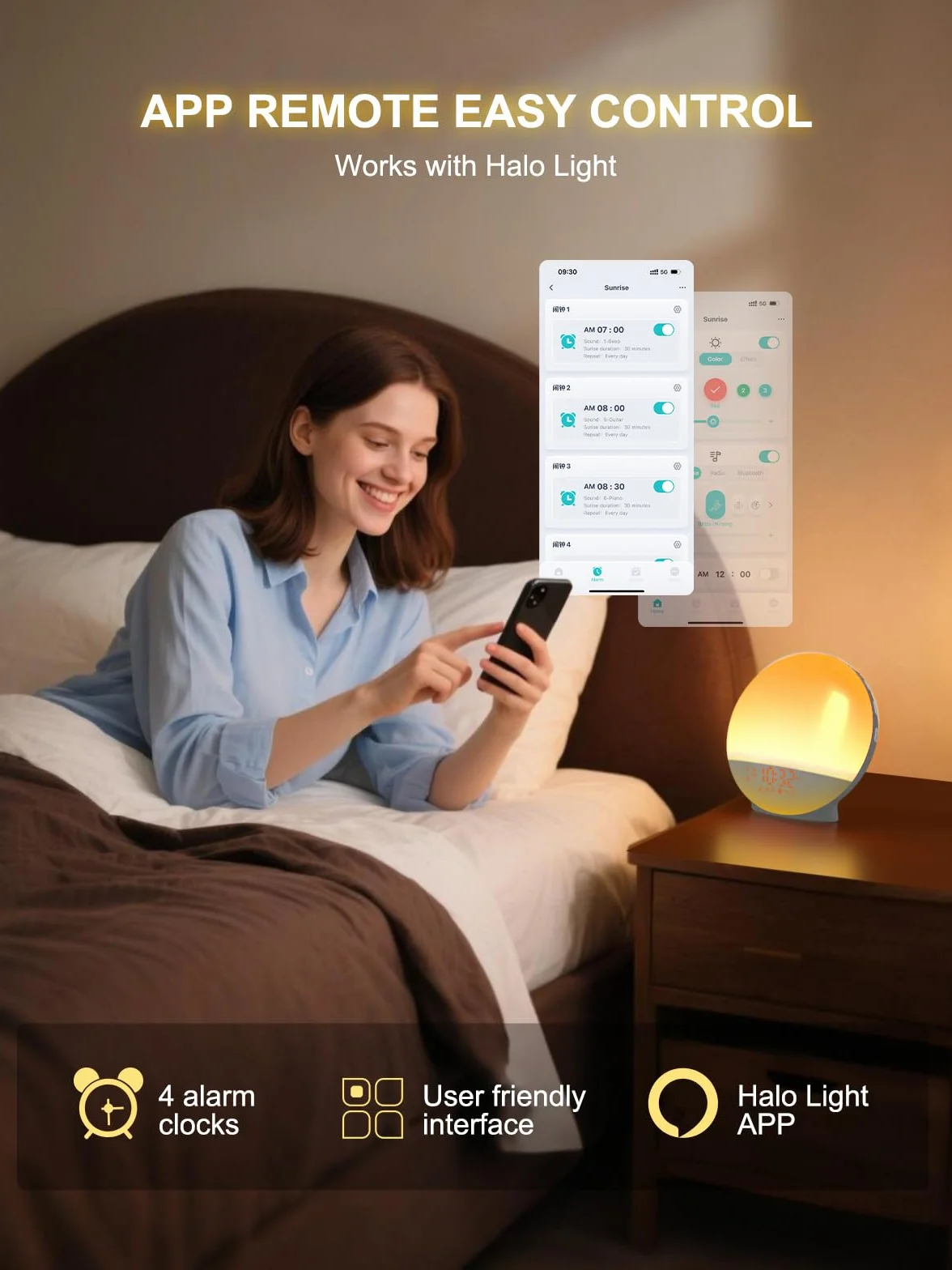 Réveil Lumineux Bluetooth APP, Radio Réveil Simulateur d'Aube et Crépuscule 20 Niveaux Luminosité 4 Réveils 7 Sons Naturels 11 Couleurs Veilleuse