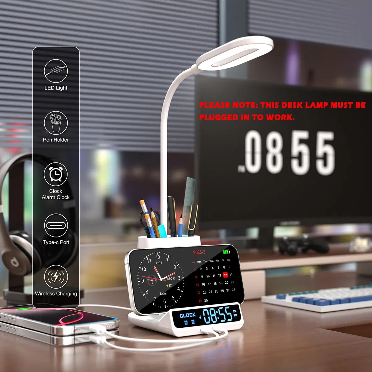 5-en-1 Lampe de Bureau LED Intensité Variable avec Horloge, Réveil, Porte-Stylo et Fonction de Recharge, 3 Couleurs de Lumière,Lampe d'étude, Lampe de Chevet, Lampe de Lecture Veilleuse