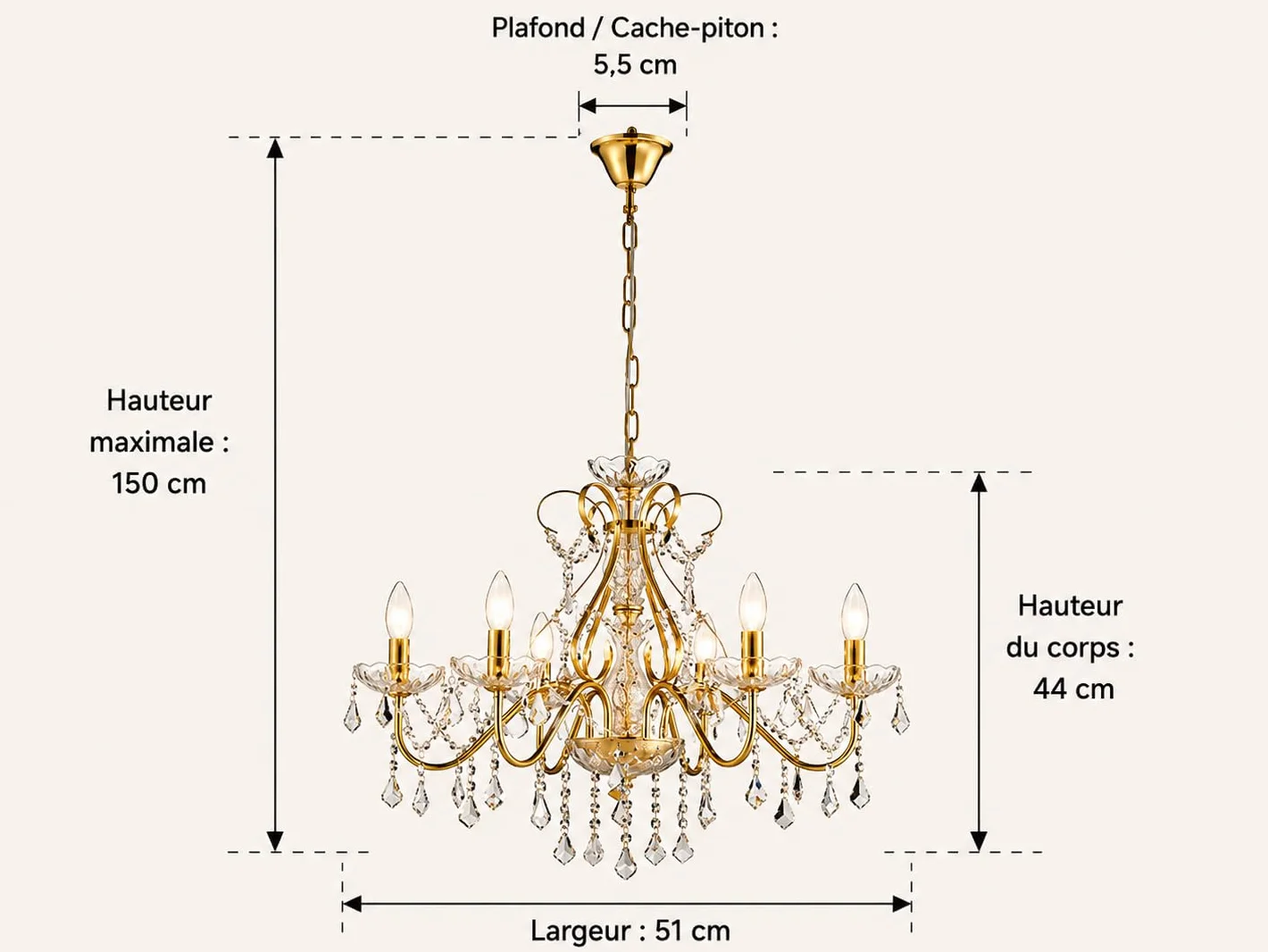 Saint Mossi Lustre en Cristal Doré à 6 Lumières - Moderne en Style Français Goutte de Pluie pour Salle à Manger Chambre H44xW51