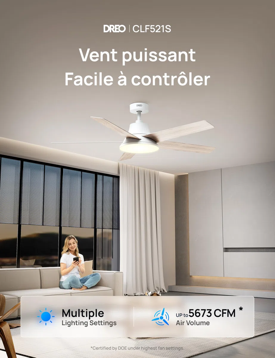 DREO ventilateur de plafond intelligent 132cm LED dimmable 12 vitesses moteur DC silencieux télécommande APP Alexa blanc