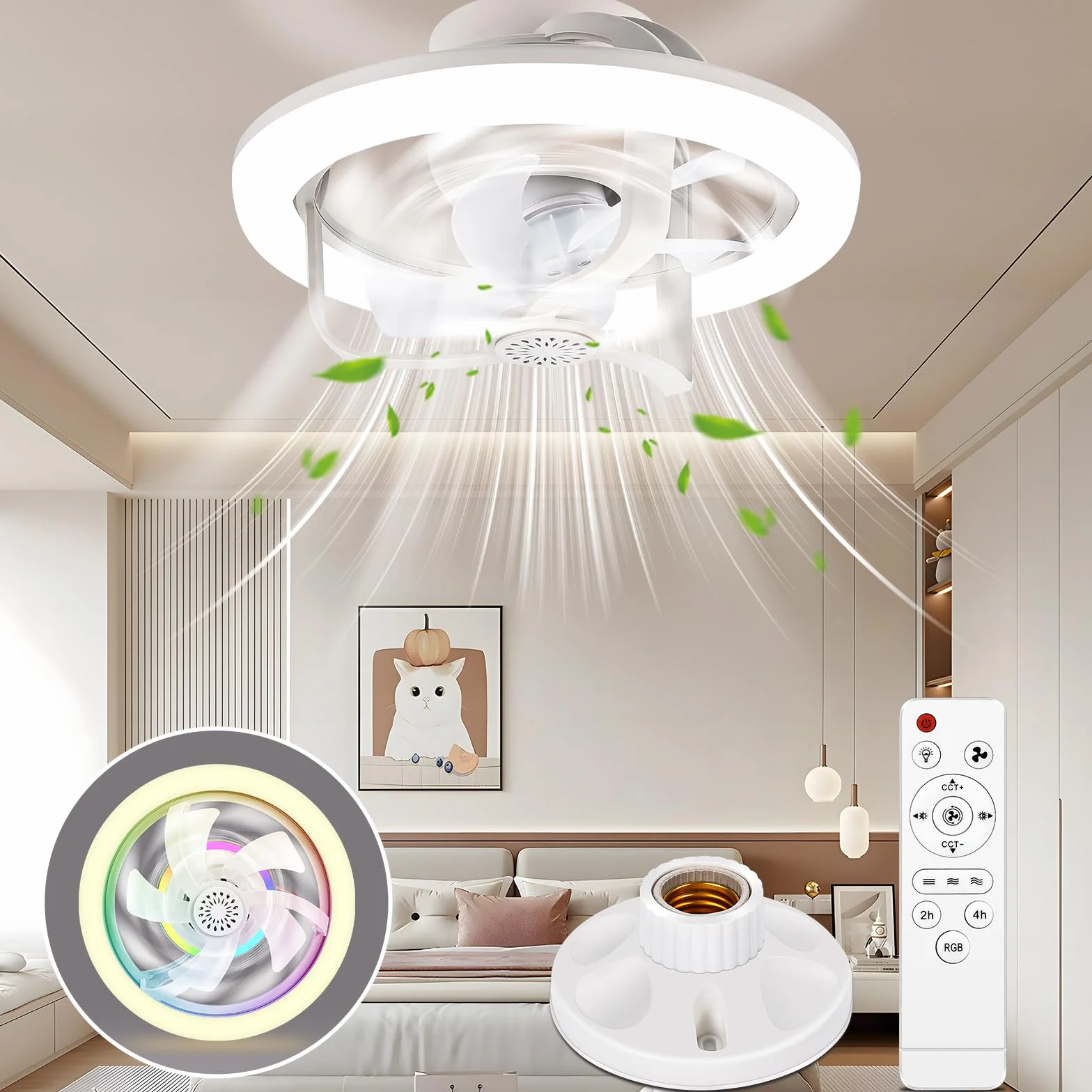 YOOHBERRYS Ventilateur de Plafond avec Lumiere RGB, Douille E27, Silencieux, Telecommande, 28cm*18cm