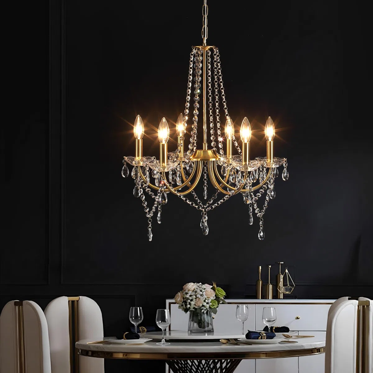 Lustre Cristal Chandelier Doré Lustre Salle à Manger Luminaires IntéRieur Convient Aux Salles à Manger, Salons, Couloirs Et Chambres à Coucher, L 51x H 58, Douille E14 (Ampoule Non Incluse)