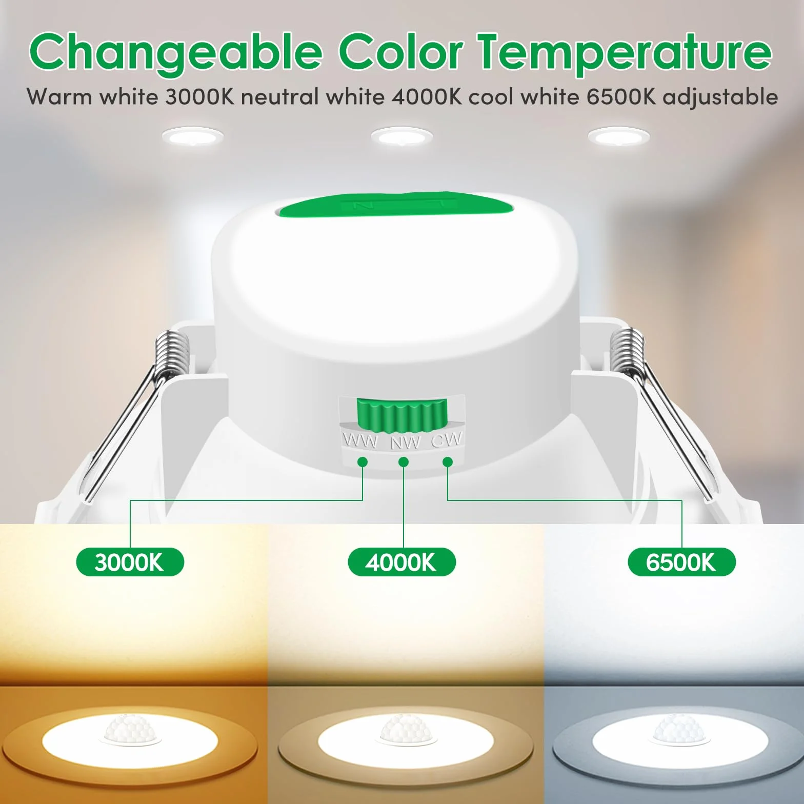 ALUSSO Spot LED Encastrable avec Détecteur de Mouvement, Spot Etanche Salle de Bain 12W 950LM IP44 3CCT Blanc Chaud 3000K Blanc Neutre 4000K Blanc Froid 6500K, Trou 90-100MM, AC220-240V, 1 Pack