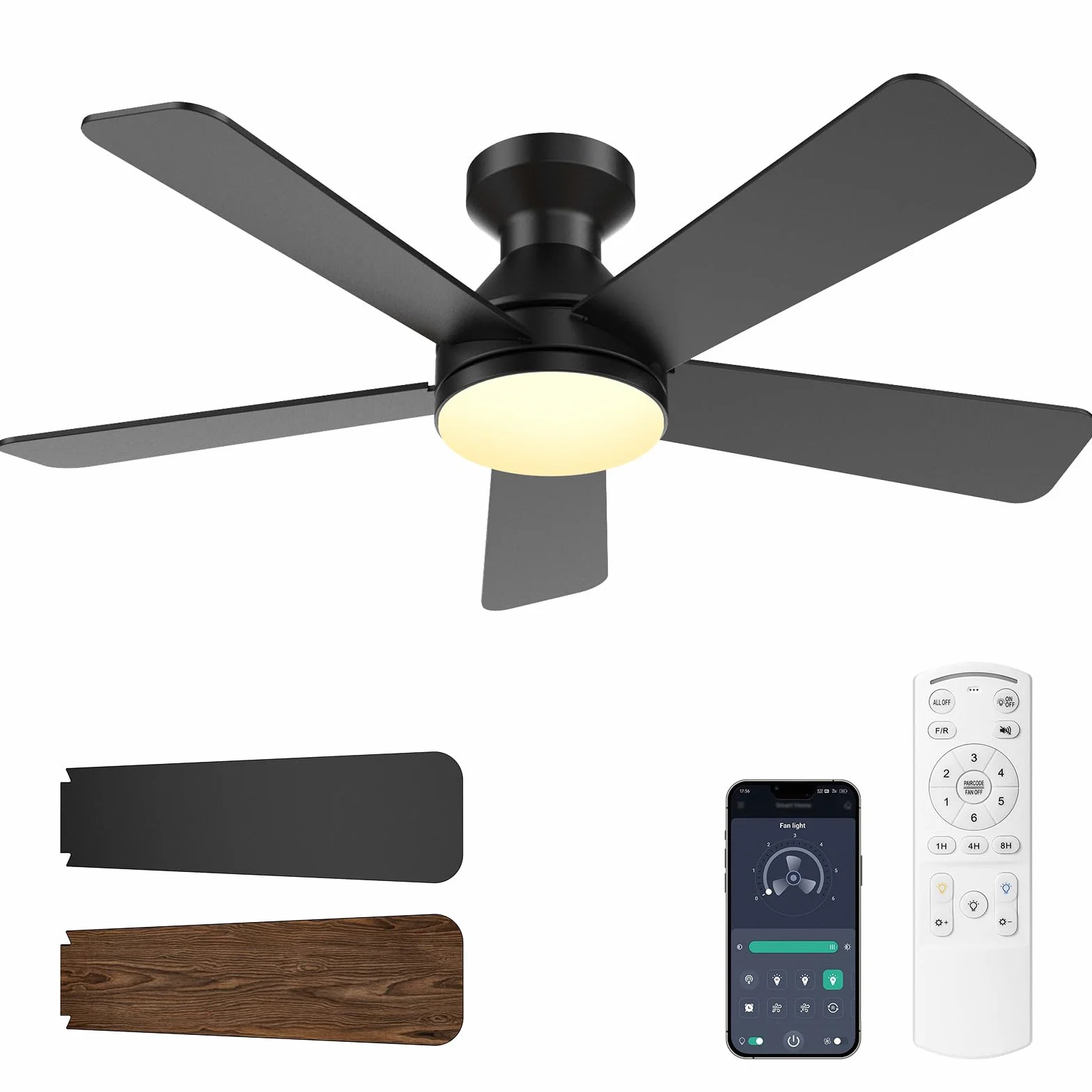 Ventilateur de Plafond avec Lumière et Télécommande, 132CM, 36W LED, 6 Vitesses, Réversible, Dimmable, Silencieux