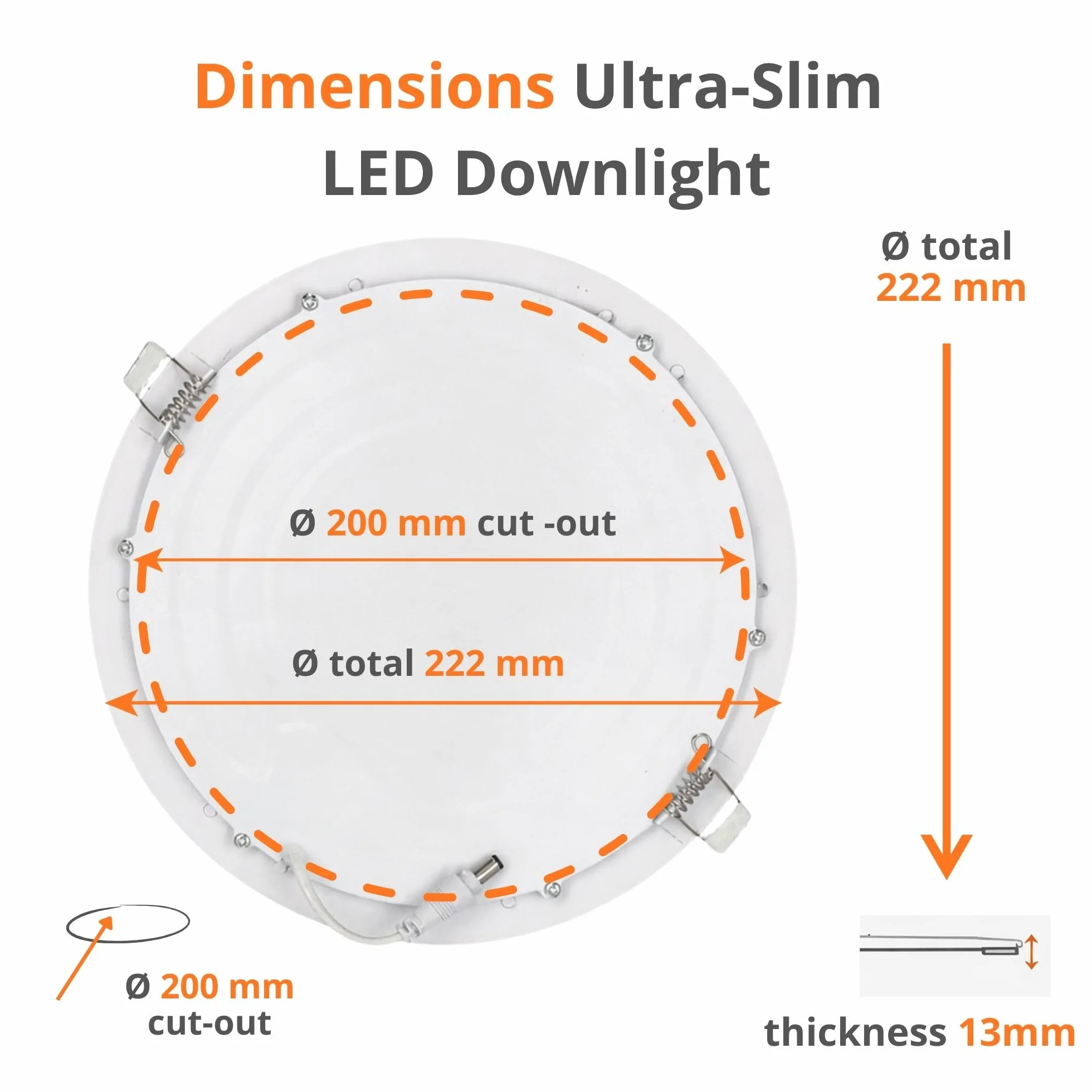 JANDEI – Lot de 6 Spots Led encastrables ronds, 18 W, 1500 lumens, extra-plats 13 mm, trou de fixation Ø 200-205 mm, blanc chaud 3000 K, avec transformateurs inclus