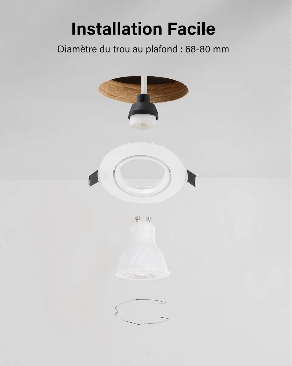 Leselux Spot Encastrable GU10 Set 10 Pièces Cadre Blanc Orientable 60° Trou Montage Ø68-80mm 230V