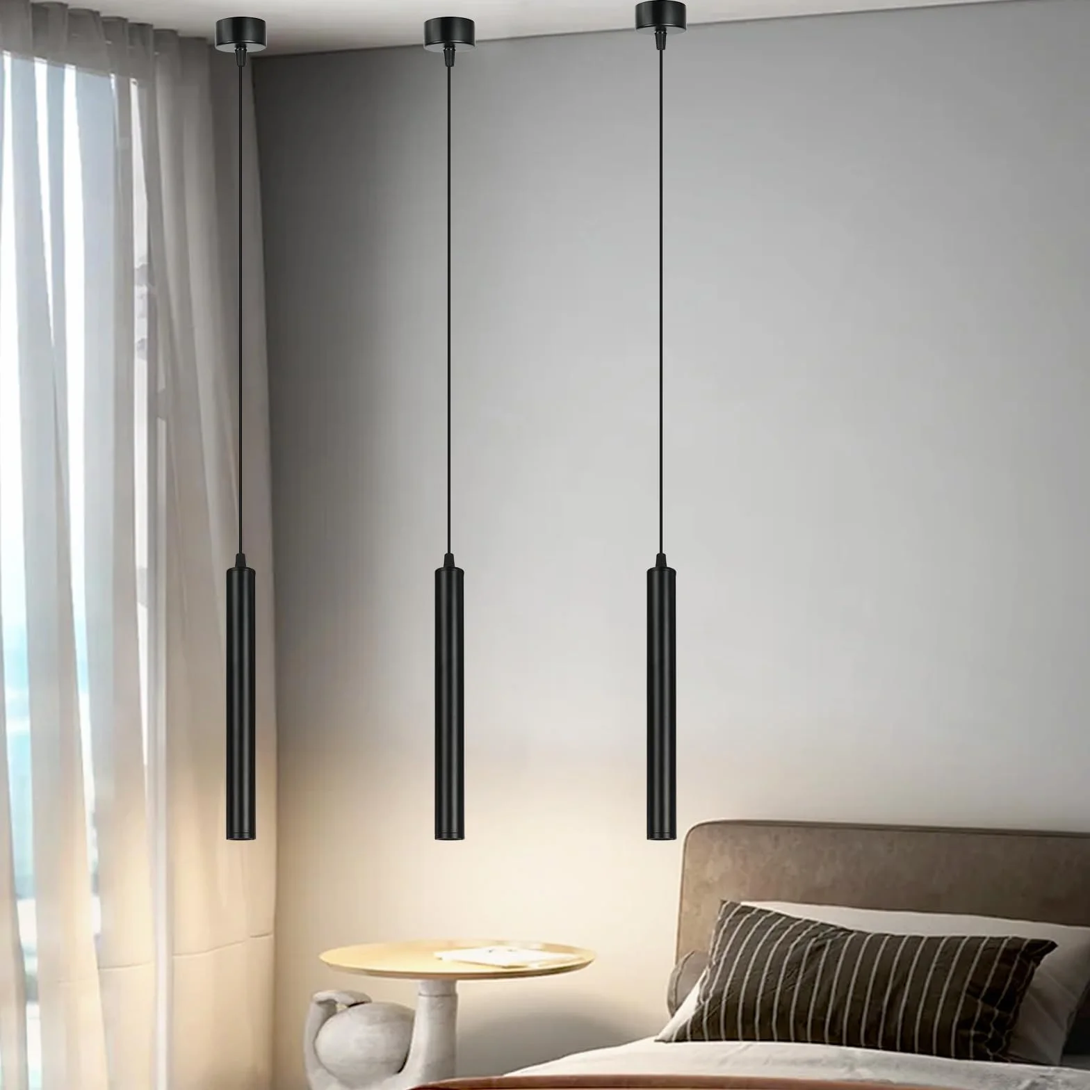 HOTUT Lustre Cylindrique Noir, 3 Pieces Lustre LED, Blanc Chaud, 3000K, pour Salon, Table de Salle à Manger, Comptoir de Hôtel, 30 cm, Longueur Réglable, Lustre Moderne