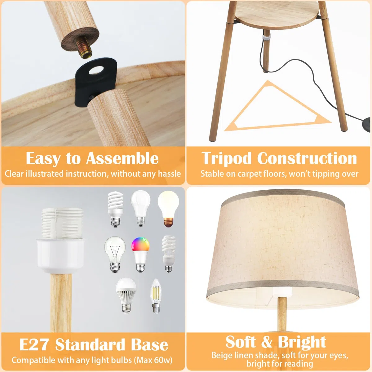 Lampadaire LED en Bois Réglable avec Télécommande, 3 Tons, Minuterie 1H, Interrupteur Pied