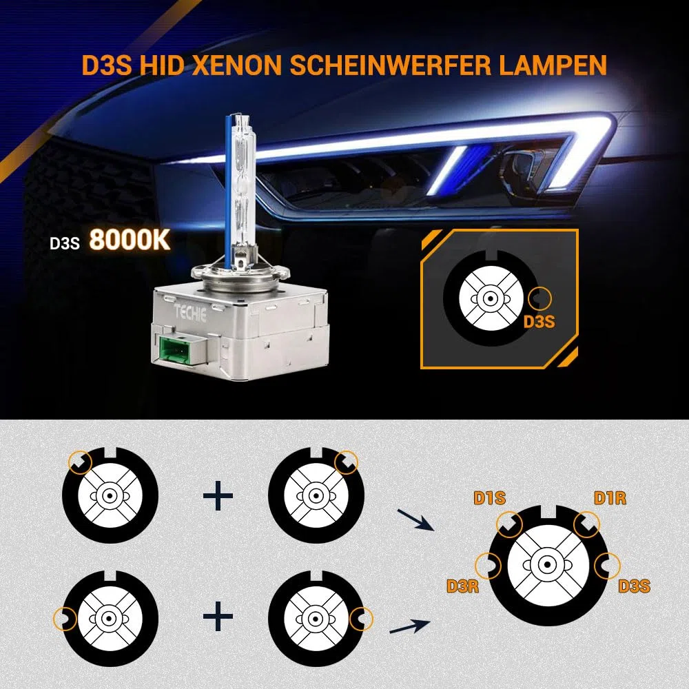 Techie D3S D3S-8000 K Lot de 2 ampoules xénon pour phare de voiture 8000 K, 12 V 35 W, en aluminium bleu froid, kit de rechange HID