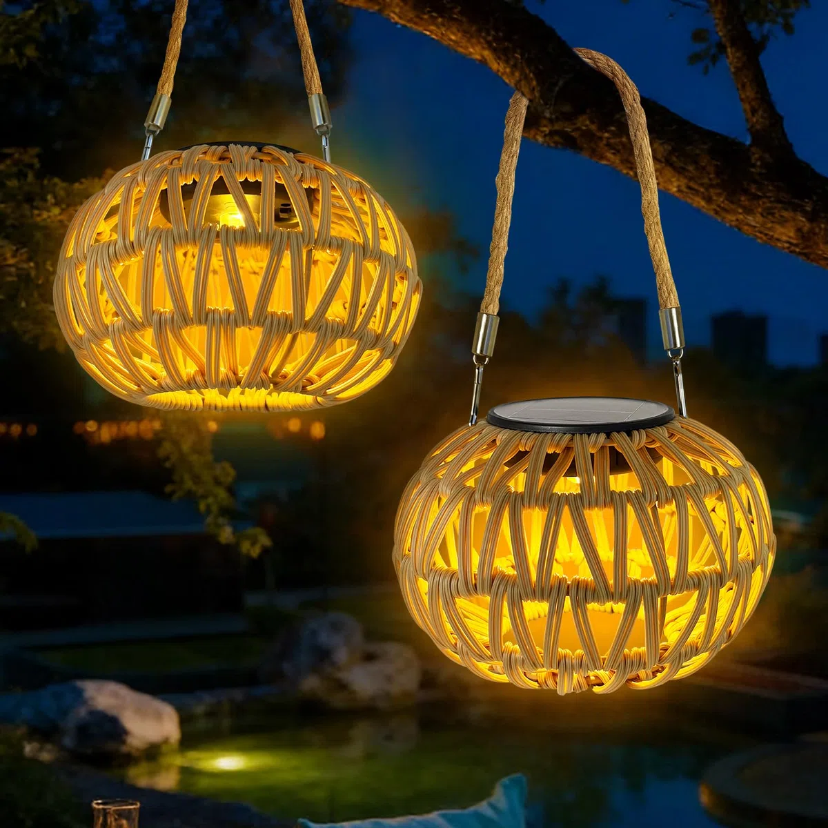 Lanterne Solaire Exterieur Rotin IP65 Imperméable Lampion Suspension Jardin Decoration Balcon Terrasse