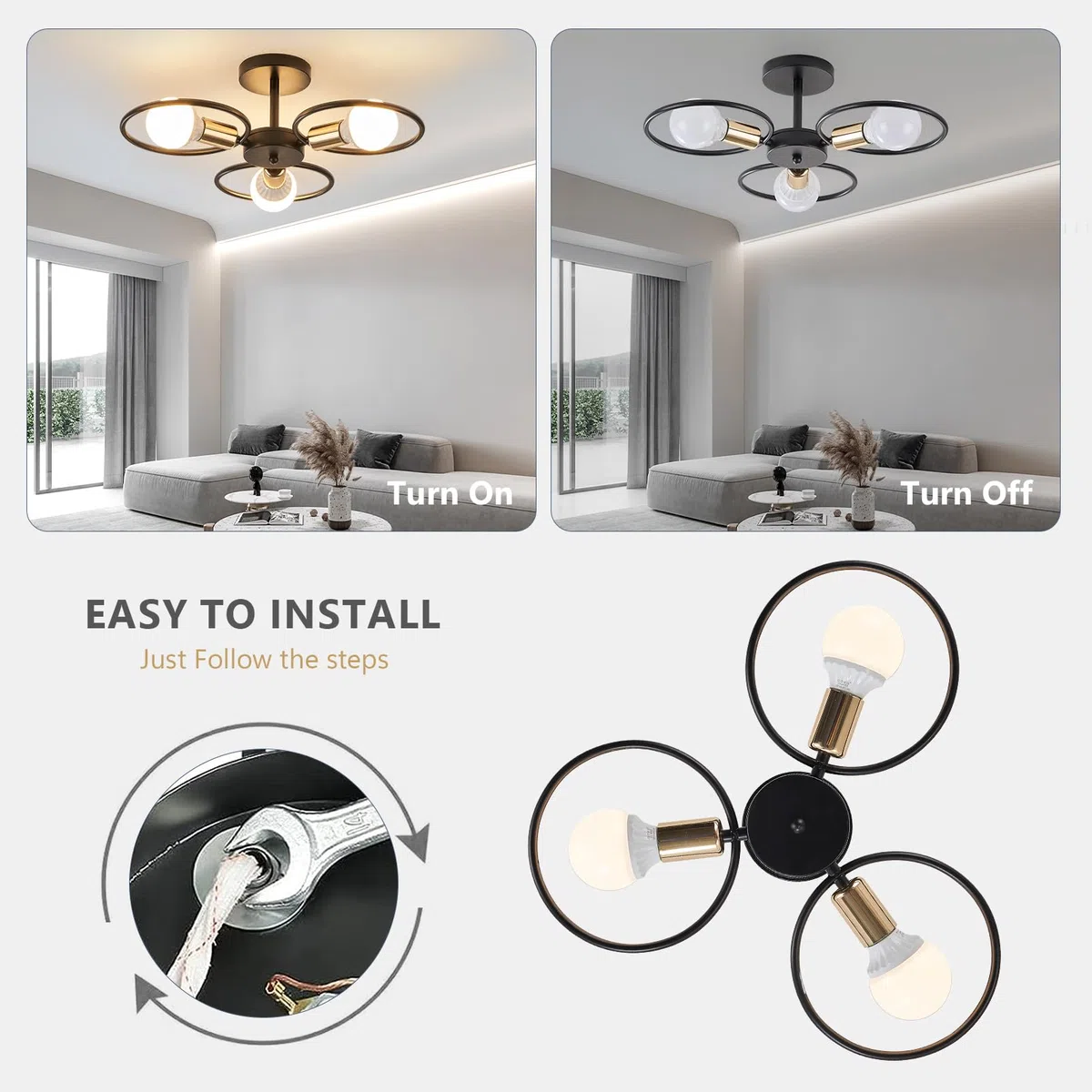 YOODI Plafonnier Industriel Lustre Plafonnier 3 Bulbs, Luminaire Salon Lustre Cuisine Moderne Luminaire avec Base E27, Éclairage de Plafond en Métal Lustre Chambre Intérieur (Sans Ampoule)