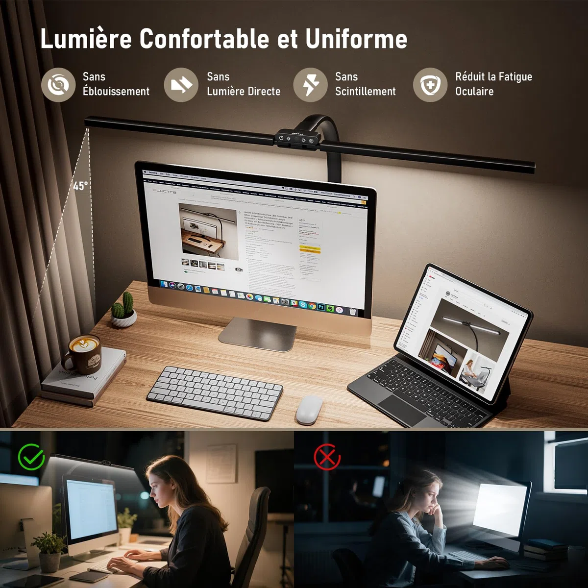 Jeebel Lampe de Bureau LED 24W 80cm Double Tête avec Télécommande, Pince 9,5cm, Réglable 360°, 10 Modes Couleur, 10 Luminosité, 1800LM