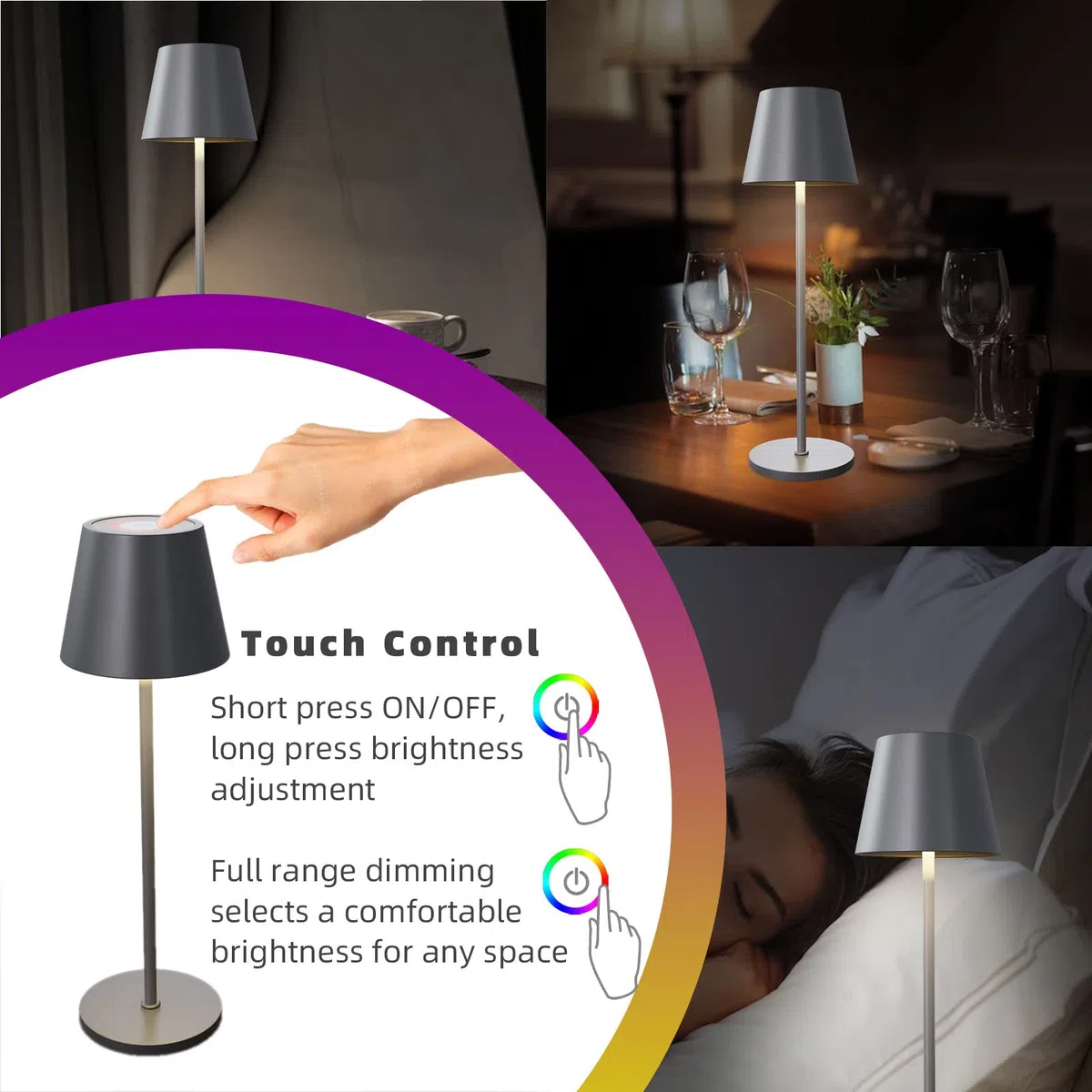 FUYO Lampes de table sans fil tactile rechargeable aluminium IP54 8 couleurs LED Gris