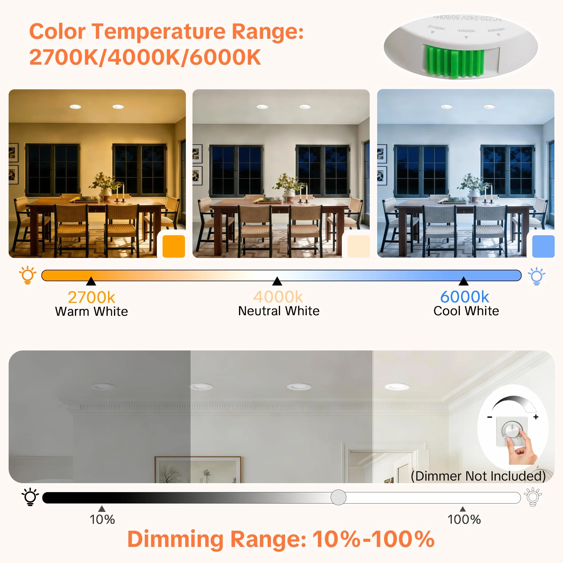 Spot LED Encastrable Dimmable 230V 5W 500LM Blanc Chaud Neutre Froid Réglable IP44 Extra Plat Lot de 10