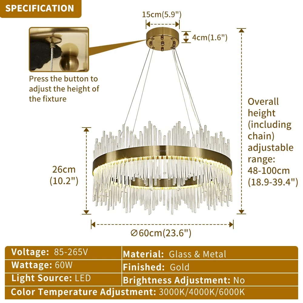 Chandelier en cristal d’or moderne pendentif Light, Dimmable lampe ronde en cristal de luxe, pour le salon, la salle à manger, la chambre, le Restaurant, Ø60 cm