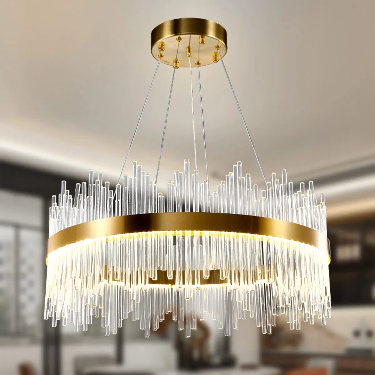 Chandelier en cristal d’or moderne pendentif Light, Dimmable lampe ronde en cristal de luxe, pour le salon, la salle à manger, la chambre, le Restaurant, Ø60 cm