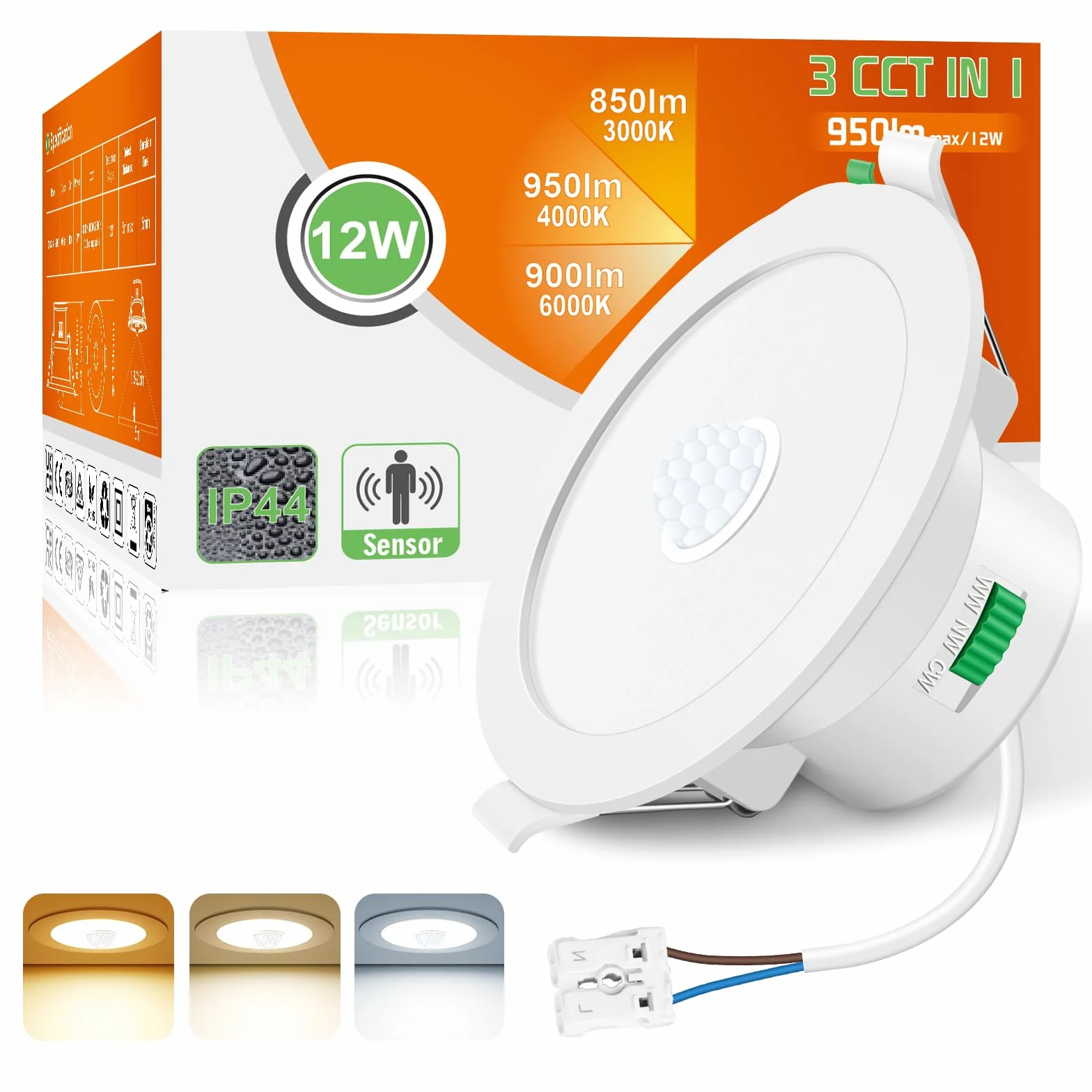 ALUSSO Spot LED Encastrable avec Détecteur de Mouvement, Spot Etanche Salle de Bain 12W 950LM IP44 3CCT Blanc Chaud 3000K Blanc Neutre 4000K Blanc Froid 6500K, Trou 90-100MM, AC220-240V, 1 Pack