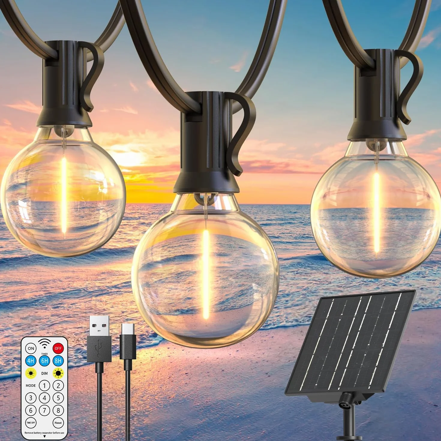 Quntis Guirlande Lumineuse Extérieure Solaire 12M 15+1 LED 8 Modes IP44 Blanc Chaud