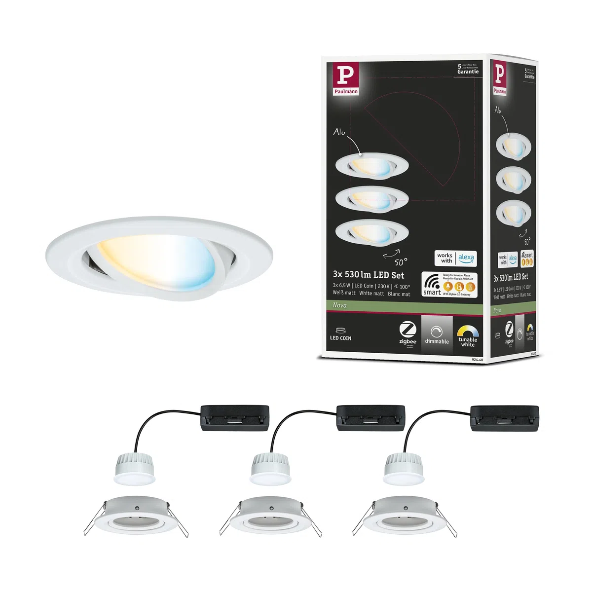 Paulmann 92440 Spot encastré LED Nova Coin rond 84 mm 50° Tunable White 3x6W 3x500lm 230V Blanc dépoli Alu moulé sous pression