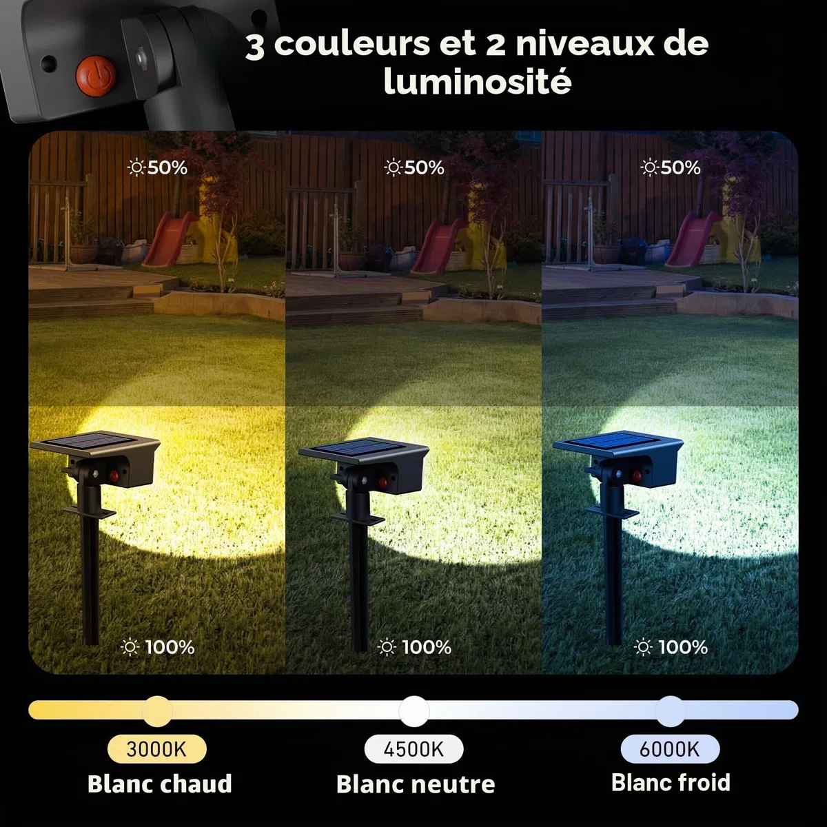 btfarm Lot de 6 Lampe Solaire Extérieur IP65 Étanches 3 Couleurs 3000/4500/6000 K Projecteurs Solaire Jardin Allée Chemin