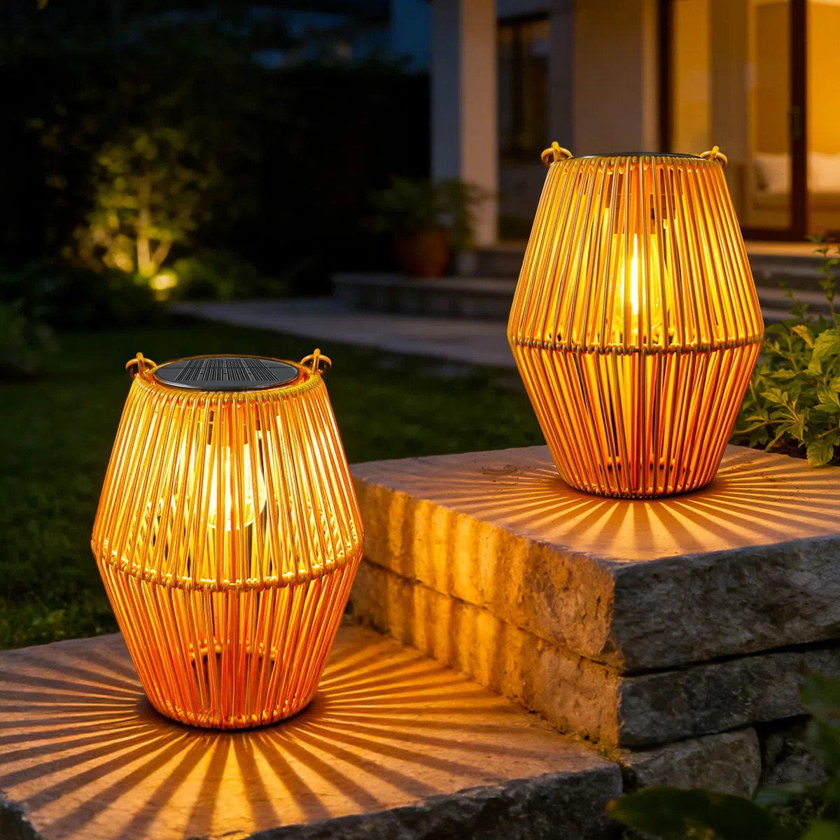 Ollny Solarlaterne extérieur 2 pièces lampes solaires rotin bohème blanc chaud étanches suspendues sur pied jardin balcon terrasse