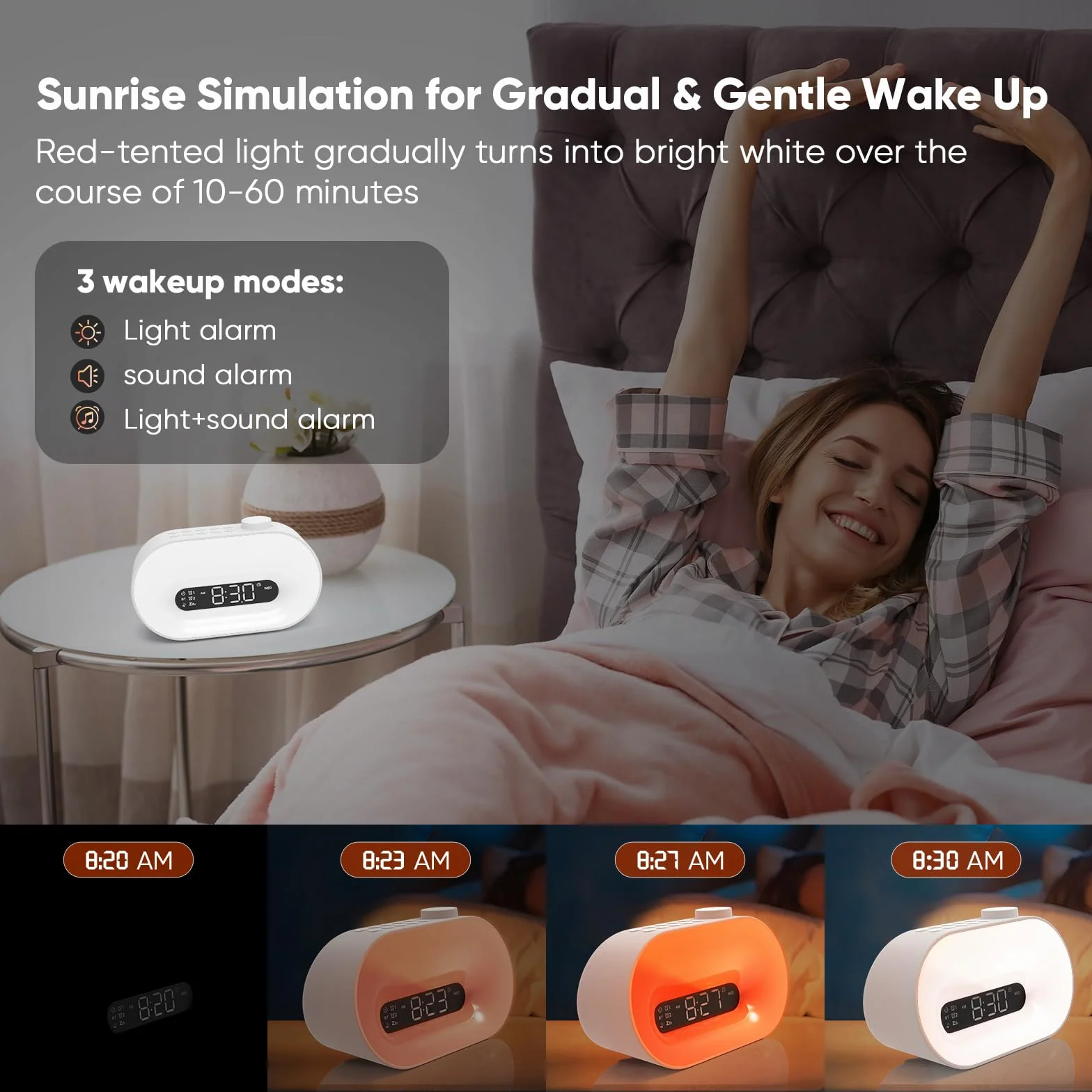 Lampe de Réveil Bluetooth avec Radio FM, 2 Alarmes, 16 Couleurs, Snooze, 8 Sonneries