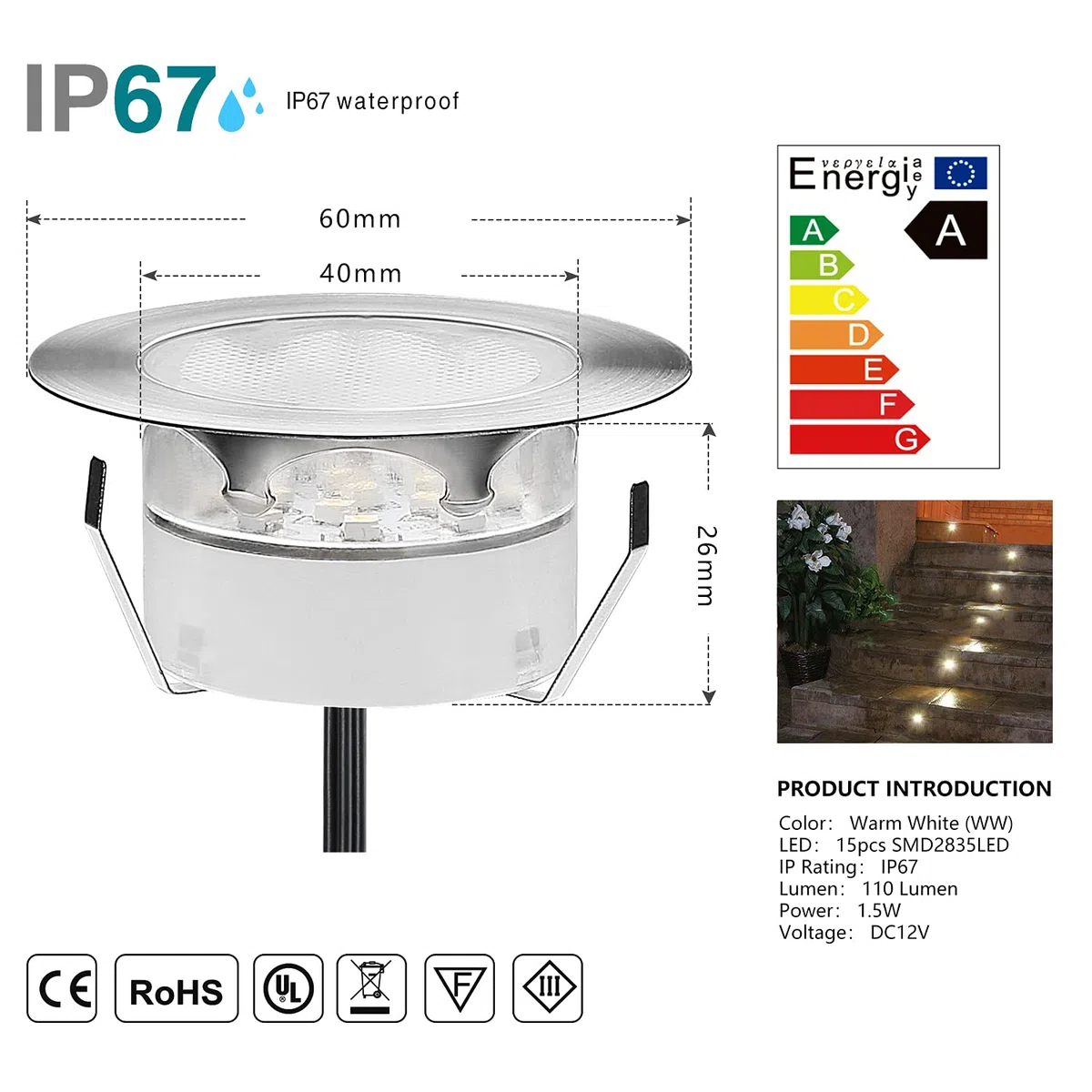 Spot Encastrable LED DC12V IP67 Etanche Ø60mm Acier Inoxydable Exterieur Jardin Couloir Blanc Chaud 10 Kit