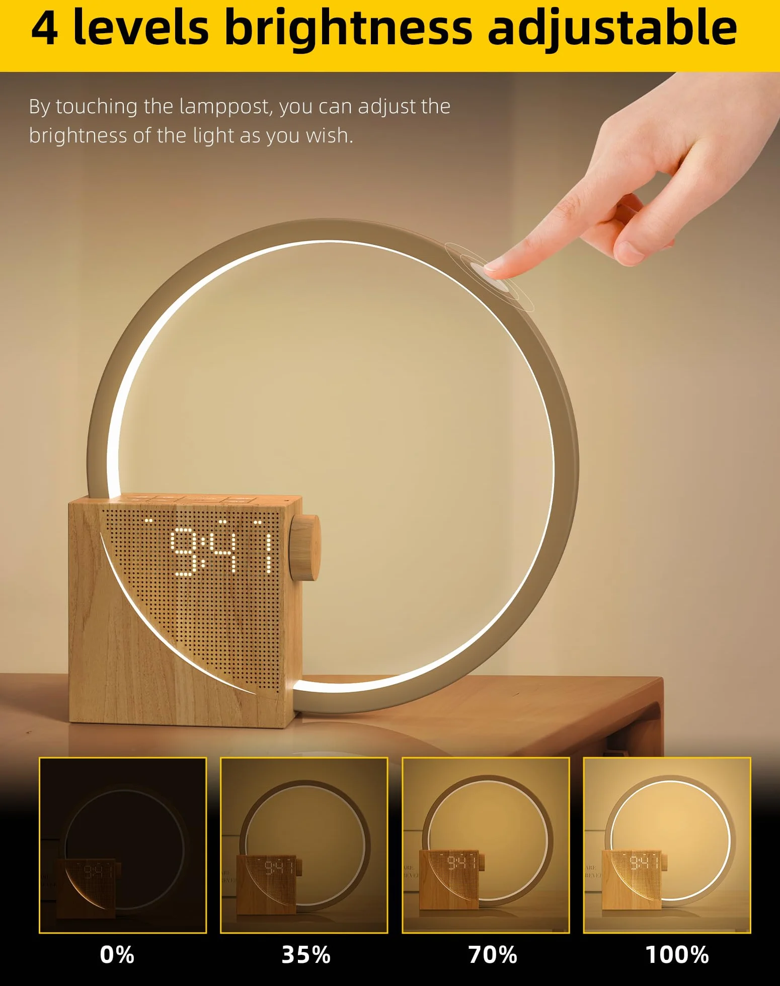 Lampe de Chevet LED avec Réveil, Wake up Light, USB, 3 Modes d'Éclairage, 10 Sons Naturels, Bois