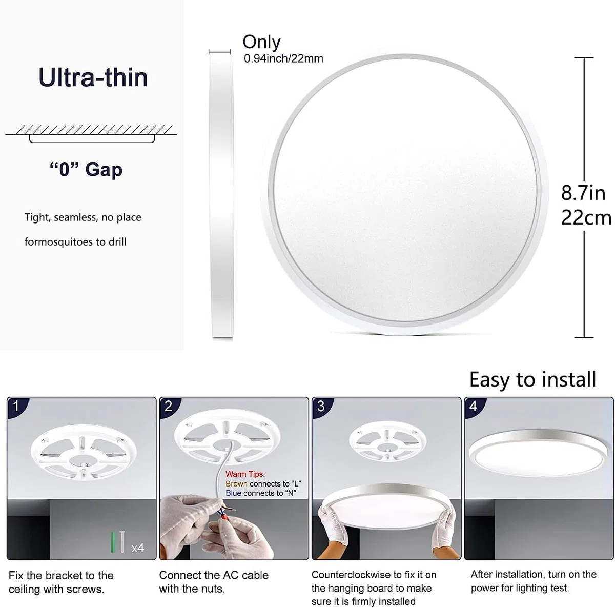 bestyks Plafonnier LED 18W, Plafonnier pour Salle de Bain, Toilettes, Cuisine, Chambre, Balcon IP54, 3200 Lumens, Lumière Blanc Chaud (4000K)