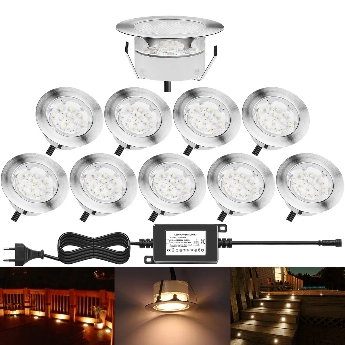 Spot Encastrable LED DC12V IP67 Etanche Ø60mm Acier Inoxydable Exterieur Jardin Couloir Blanc Chaud 10 Kit